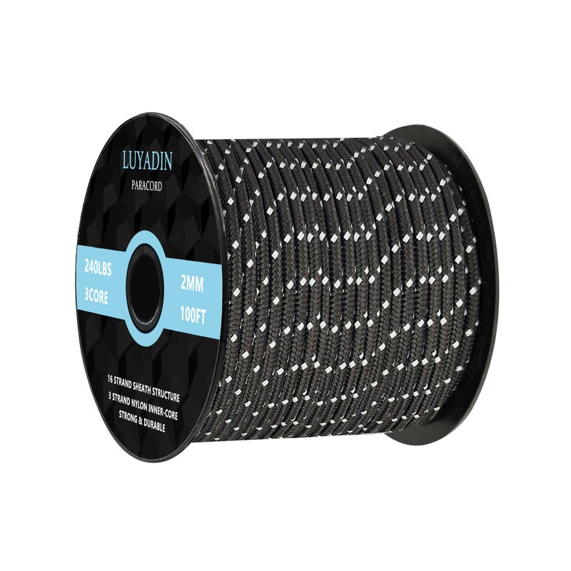 LUYADIN Reflective Paracord 240lb - Diameter 2mm Micro Utility Cord -3 Strand Parachute Spool Cord - 100ft 200ft,Paracord for Camping,Hiking,Fishing,Outdoor and DIY - Image 1